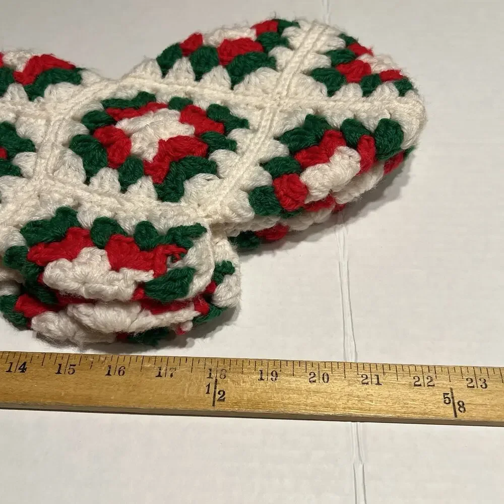 Vintage Lot of 3 Crochet Granny Square Christmas Stockings Red Green White Heels